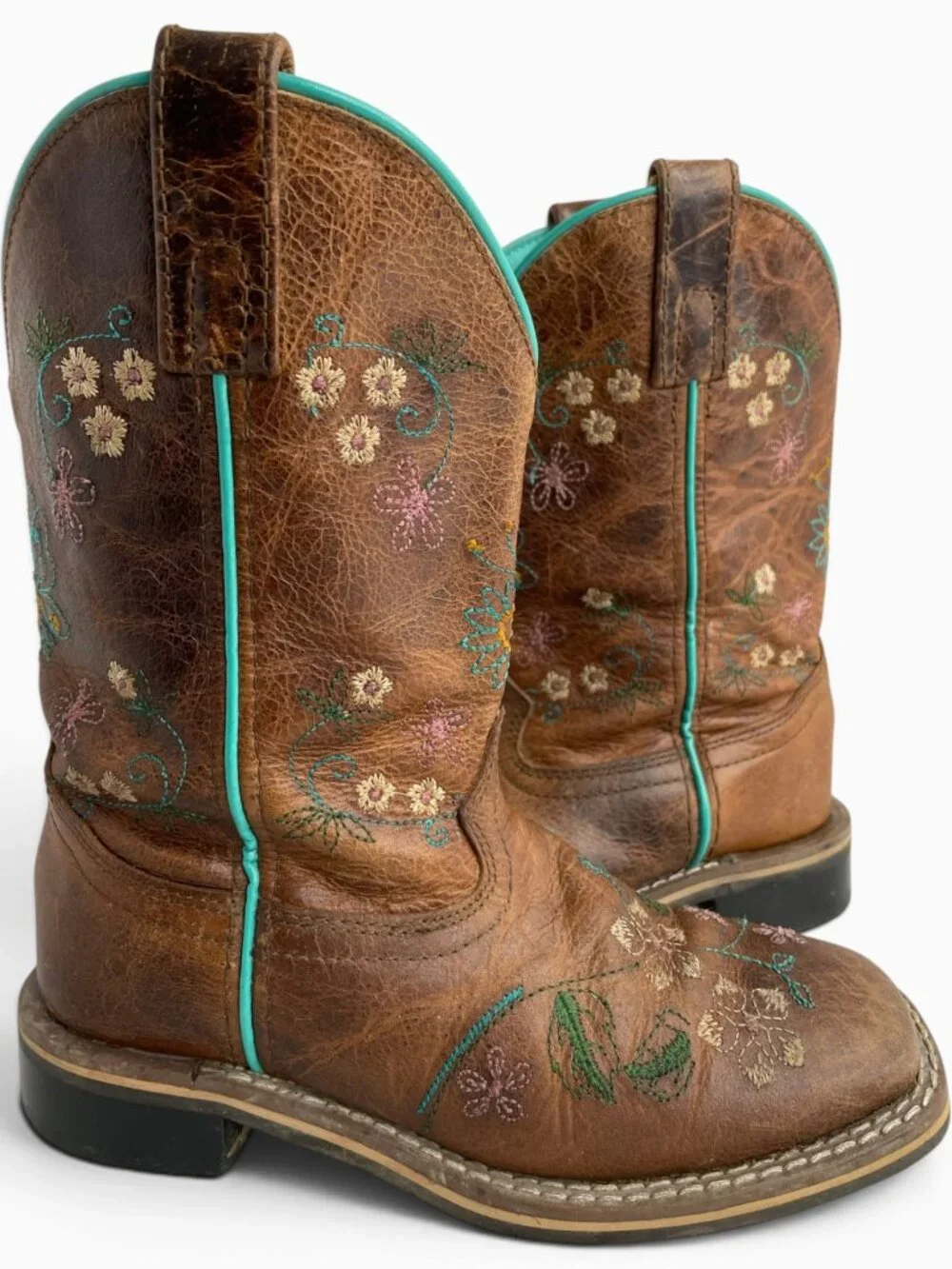 Smoky Mountain Leather Floral Western Cowgirl Boots Brown Turquoise Girls 13